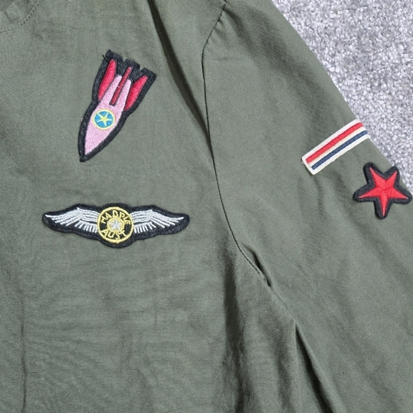 Freebird 100% Cotton Olive Green Embroidered Patch Bomber Jacket Y2K Look - Picture 5 of 9